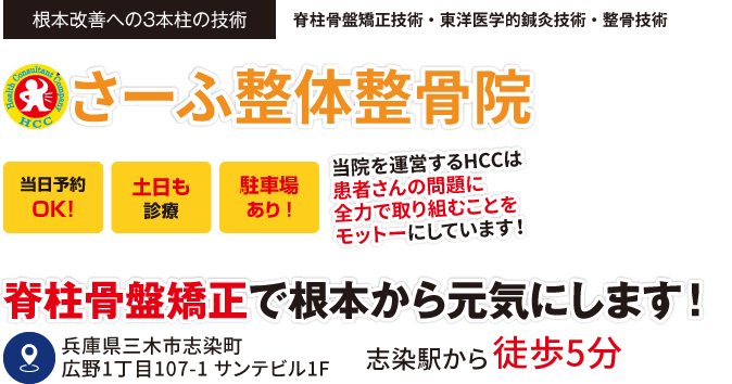地域No1.の姿勢分析数 交通事故等　整骨院/整体院 さーふ整体整骨院 当院を運営するHCCは患者さんの問題に全力で取り組む事をモットーにしています！ 脊柱骨盤矯正で根本から元気にします！ 神戸電鉄粟生線志染駅から徒歩5分